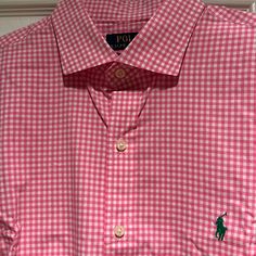 Never Worn But Altered For Sleeves To Fit Like A Medium Even Though It Is A Size Large In Custom Slim Fit. Fits Like A Classic Fit Size Medium. Stretch Cotton. Preppy Gingham Collared Tops, Preppy Gingham Shirt For Summer, Summer Preppy Gingham Shirt, Classic Plaid Shirt For Spring, Fitted Plaid Preppy Shirt, Preppy Pink Summer Shirt, Spring Gingham Fitted Shirt, Fitted Gingham Shirt For Spring, Pink Preppy Summer Shirt