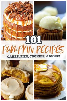 pumpkin pies, cakes, cookies and more are featured in the cover of 101 pumpkin recipes