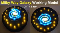 two circular lights are shown with the words milky galaxy working model written below them,