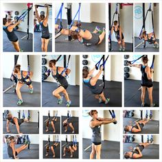 a woman is doing exercises in the gym with her hands and legs bent up, while holding