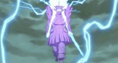 an anime character with purple hair and lightning in the background