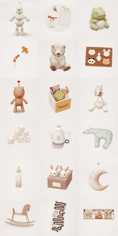 many different types of toys are shown in this photo collage, including teddy bears and other items