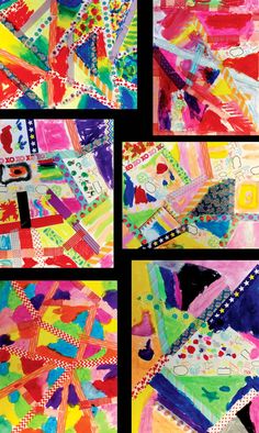 four different pictures of colorful art work with squares and lines on them, all in bright colors