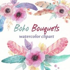 boho bouquets watercolor clipart with feathers and flowers