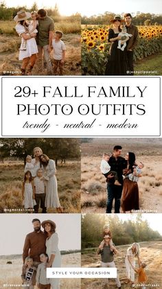 family photos with sunflowers and the words 29 fall family photo outfits, including