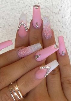 Pink And White Ombre Nails, White Ombre Nails, Pink And White Ombre, White Coffin Nails, Nails With Rhinestones, Pointy Nails, Studded Nails, Glow Nails, White Ombre