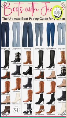 Jean Shoe Guide, Clothes With Boots Casual Outfits, How To Pair Shoes With Jeans, Fashionable Boots Women, Denim And Shoes Pairing, Boot Looks For Women, What To Wear With Jeans In Winter, Jean And Boot Outfits, Boot Styles Guide Women