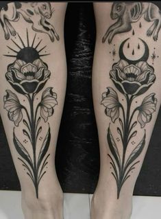 two legs with tattoos on them and flowers in the bottom right leg, one is black and white