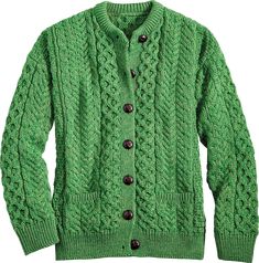 a green cardigan sweater with buttons on the front and back, in an open knit pattern