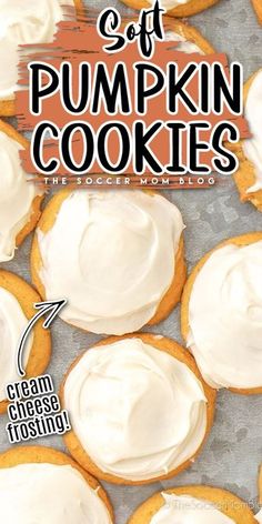 some cookies with white frosting on top and the words off pumpkin cookies above them