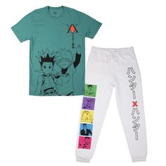 Embrace the vibrant world of Hunter x Hunter with this comfortable lounge set. The green crew neck short sleeve tee features striking images of Gon and Killua on the front and back, capturing their adventurous spirit. The white sweatpants boast colorful character squares of Gon, Killua, Kurapika, Leorio, and Hisoka on one leg and kanji letters on the other, embodying the essence of the series. Crafted from 100% cotton, these garments offer both softness and durability, perfect for lounging or casual wear. Machine wash this set on cold with like colors and tumble dry on low heat for easy care. Green Crew Neck T-shirt For Leisure, Green Crew Neck T-shirt, Multicolor Cotton T-shirt For Loungewear, Green Short Sleeve Tops For Leisure, Casual Green T-shirt With Front Print, Printed Short Sleeve T-shirt For Loungewear, Multicolor Relaxed Fit T-shirt For Loungewear, Green Graphic Print Top For Loungewear, Green Graphic Print T-shirt For Loungewear