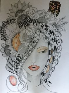 a drawing of a woman with flowers and butterflies on her head