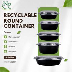 three black plastic containers with lids on each side and the words recyclable round container above them