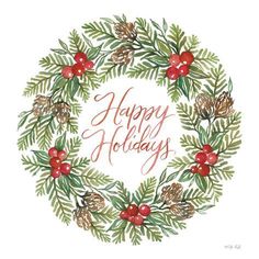 a watercolor christmas wreath with pine cones, holly and red berries on white background