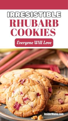 three cookies on a plate with the words irresistiblely rhubarb cookies everyone will love