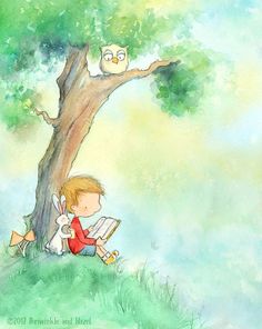 a painting of a little boy reading a book under a tree with an owl sitting on top of it