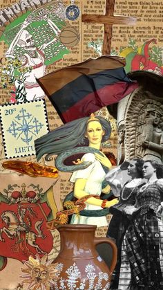 an artistic collage with many different things in the background, including a woman holding an umbrella