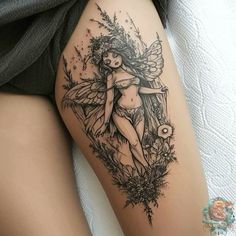 a woman's thigh with a fairy tattoo on it