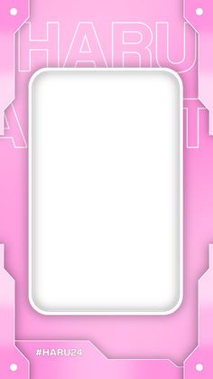 a white square frame with the word haru on it in front of a pink background