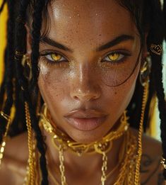 a close up of a woman with dreadlocks on her head and yellow eyes