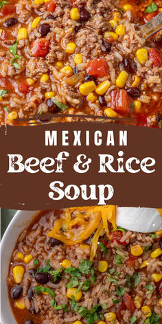 mexican beef and rice soup in a white bowl