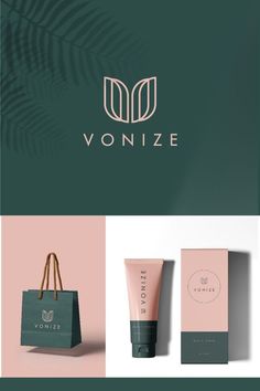 the logo for vonize cosmetics is shown on top of a green and pink background