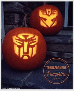 two pumpkins carved to look like transformers and the words transformers pumpkins on them