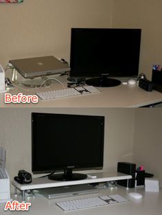 before and after photos of a computer desk