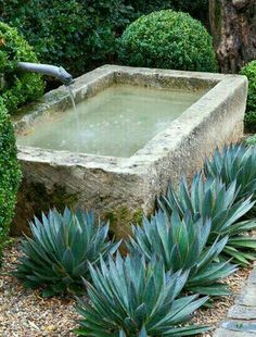 an outdoor fountain surrounded by shrubbery and stones in the middle of a garden area