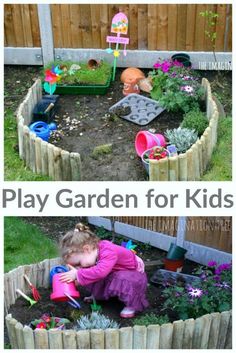 two pictures of children playing in the garden