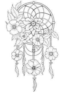 a black and white drawing of a dream catcher with flowers