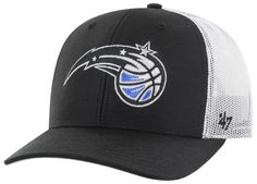 a black and white trucker hat with the team's basketball logo on it