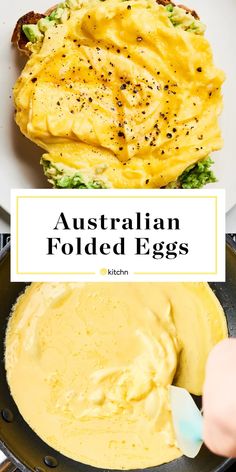 an egg is being cooked in a skillet with the words australian folded eggs above it