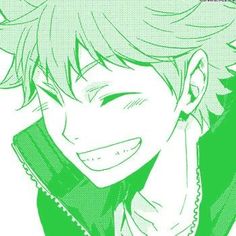 an anime character with green hair smiling