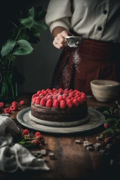 a person is sprinkling sugar on a chocolate cake with raspberries