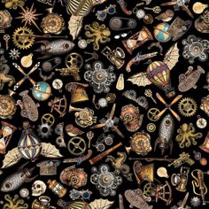 an image of many different items on a black background, including gears and other things