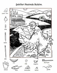 a black and white coloring book page with an image of a chicken in the background