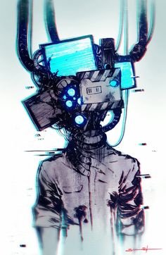 a drawing of a robot with blue lights on his head