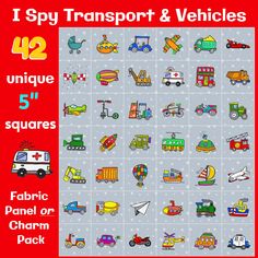 a poster with different types of transport and vehicles on it's sides, including cars