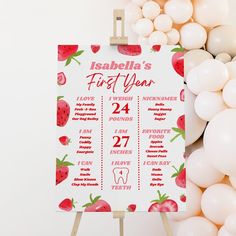 a first year baby shower sign with white balloons and strawberries on the wall behind it