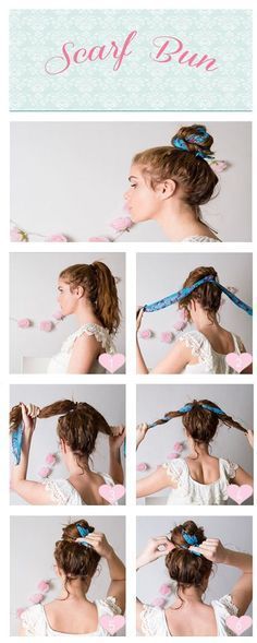 Cute Scarf Bun Hairstyle Tutorial Scarf Bun, Top Knots, Hair Scarf Styles, Bow Hairstyle, Two Braids, Cute Hairstyles For Medium Hair, Bandana Hairstyles, Pinterest Blog