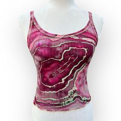 "Hand-Dyed Plum Geode Tie Dye Crop Tank Top This one-of-a-kind tank top has been hand-tied & ice-dyed to create a colorful geode pattern. It was dyed using professional fiber reactive Procion fabric dyes. Machine washable and ready to wear. Perfect for festival season, lounging around the house or night out on the town.  Item Details: - Old Navy Brand Tank Top - Women's Size Extra Small XS - Fitted Cropped Top - Lettuce-Edged - 92% Cotton, 8% Spandex Ribbed Knit - Prewashed and Preshrunk - Chest: 25\" Unstretched - Total Length: 18\" The item in photos is the item that you will receive. Please note that color may vary slightly based on your monitor settings. Please see my other listings for other one-of-a-kind tie dyes." Hand Dyed Clothing, Tie Dye Crop Top, Ice Dyeing, Sleeveless Shirt, How To Dye Fabric, Crop Tank, Cropped Tank Top, Festival Season, Tank Tops Women