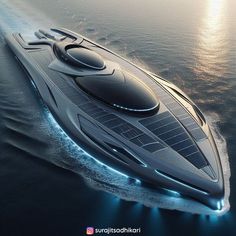 the futuristic boat is floating in the water