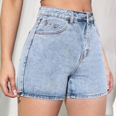 New Condition Never Worn, Size M, Washed Denim. Trendy Denim Blue Jean Shorts, Trendy Short Leg Jean Shorts, Blue Denim Jean Shorts, Trendy Light Wash Short Bottoms, Denim Blue Shorts, Shein Shorts, Denim Color, Mom Shorts, Washed Denim