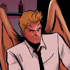 a man with blonde hair wearing a white shirt and black tie sitting in front of an angel