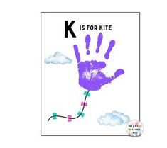 a purple hand print with the letter k is for kite on it's side