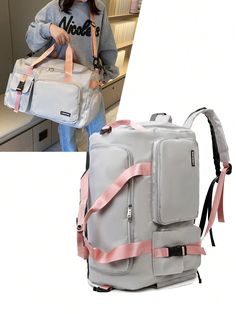 a woman carrying a gray backpack with pink straps on the side and another photo of her back