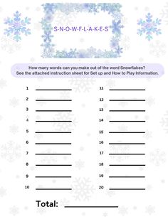 snowflakes worksheet with the words how many words can you make out of the word snowflakes?