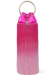 fuchsia fringed edge gold-tone hardware drawstring fastening main compartment single rounded top handle detachable chain-link shoulder strap Statement Handbag, Jimmy Choo Handbags, Womens Designer Bags, Jimmy Choo Bag, Satin Bags, Top Design Fashion, Bon Bon, Designer Shoulder Bags, Metal Bracelets