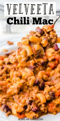 a spoon full of chili macaroni and cheese on a plate with the title above it